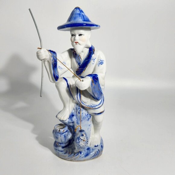 Blue White Porcelain Fisherman Figurine With Fishing Pole Fish On Base Vintage - Picture 1 of 12